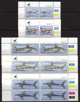 CISKEI 1983 SHARKS SET OF 5 MNH CONTROL BLOCKS OF 4