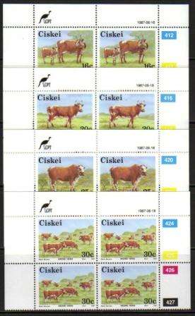 CISKEI 1987 NKONE CATTLE SET OF 4 MNH CONTROL BLOCKS OF 4