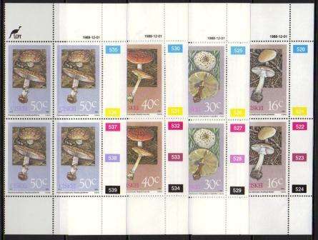 CISKEI 1988 POISONOUS FUNGI SET OF 4 MNH CONTROL BLOCKS OF 4