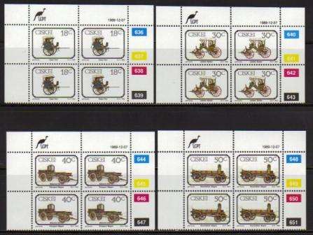 CISKEI 1989 ANIMAL DRAWN TRANSPORT SET OF 4 MNH CONTROL BLOCKS OF 4