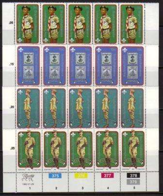 BOP 1982 BOY SCOUTS SET OF 4 MNH CONTROL STRIPS OF 5