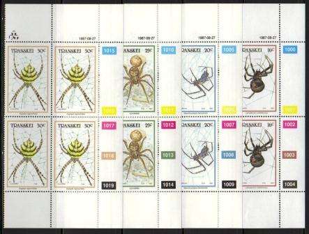 TRANSKEI 1987 SPIDERS SET OF 4 MNH CONTROL BLOCKS OF 4
