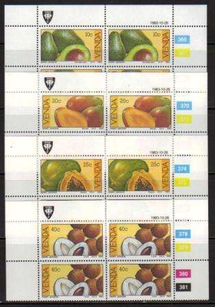 VENDA 1983 SUBTROPICAL FRUIT SET OF 4 MNH CONTROL BLOCKS