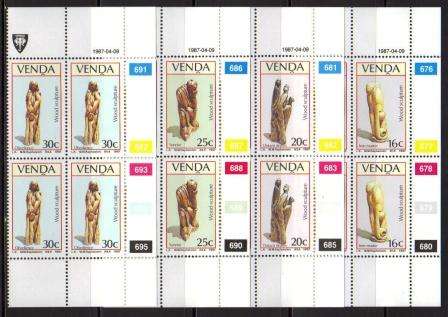 VENDA 1987 WOOD SCULPTURES SET OF 4 MNH CONTROL BLOCKS OF 4