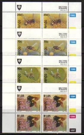 VENDA 1992 BEES SET OF 4 MNH CONTROL BLOCKS OF 4