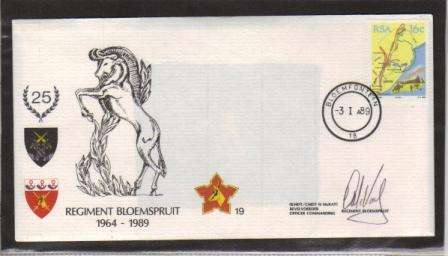 SA ARMY COM COVER # 19 - 25 YEARS REGIMENT BLOEMSPRUIT - SIGNED IN BLACK