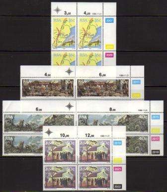 RSA 1988 150TH ANNIV GREAT TREK SET OF 4 MNH CONTROL BLOCKS OF 4