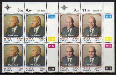 RSA 1989 FW DE KLERK SET OF 2 MNH CONTROL BLOCKS