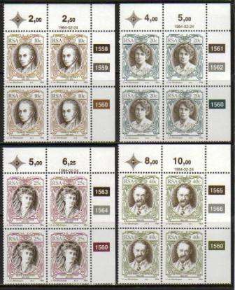 RSA 1984 ENGLISH AUTHORS SET OF 4 MNH CONTROL BLOCKS OF 4