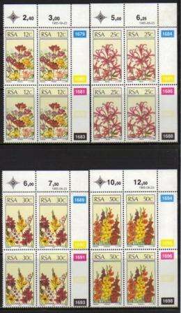 RSA 1985 FLORAL EMIGRANTS SET OF 4 MNH CONTROL BLOCKS OF 4