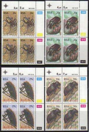 RSA 1987 SA BEETLES SET OF 4 MNH CONTROL BLOCKS OF 4