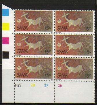 SWA 1974 15c ROCK ENGRAVINGS MNH CONTROL BLOCK OF 6