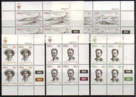 SWA 1983 CENTENARY OF LUDERITZ SET OF 5 MNH CONTROL BLOCKS OF 4