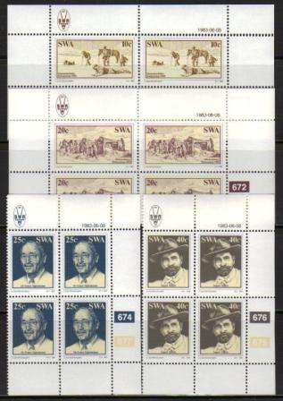 SWA 1983 75TH ANNIV DISCOVERY OF DIAMONDS SET OF 4 MNH CONTROL BLOCKS OF 4