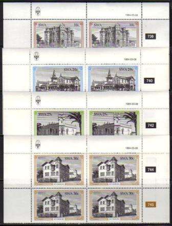 SWA 1984 HISTORICAL BUILDINGS OF SWAKOPMUND SET OF 4 MNH CONTROL BLOCKS OF 4