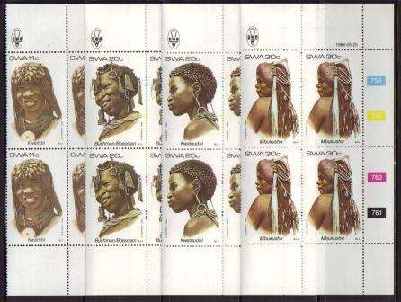 SWA 1984 2ND TRADITIONAL HEADDRESSES SET OF 4 MNH CONTROL BLOCKS OF 4