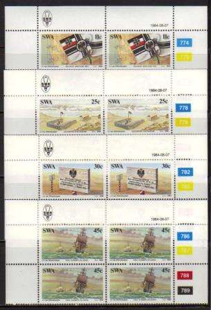 SWA 1984 CENTENARY OF GERMAN COLONISATION SET OF 4 MNH CONTROL BLOCKS OF 4