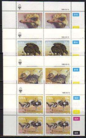 SWA 1985 OSTRICHES SET OF 4 MNH CONTROL BLOCKS OF 4
