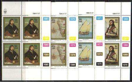 SWA 1988 500TH ANNIV DISCOVERY CAPE OF GOOD HOPE SET OF 4 MNH CONTROL BLOCKS OF 4