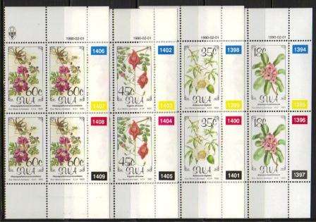 SWA 1990 FLORA OF SWA SET OF 4 MNH CONTROL BLOCKS OF 4