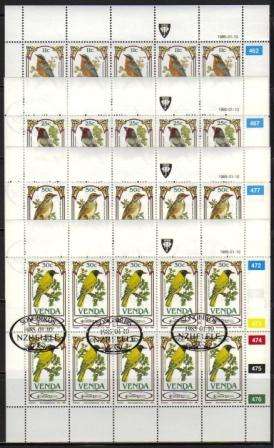 VENDA 1985 SONGBIRDS SET OF 4 USED (CTO) FULL SHEETS OF 10