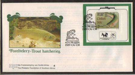 CISKEI 1989 FOUNDATION COVER C4 WITH TROUT HATCHERIES MINIATURE SHEET