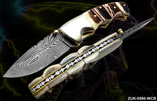 LINER LOCK CROSS CUT DEER STAG+WHITE COPPER DAMASCUS KNIFE