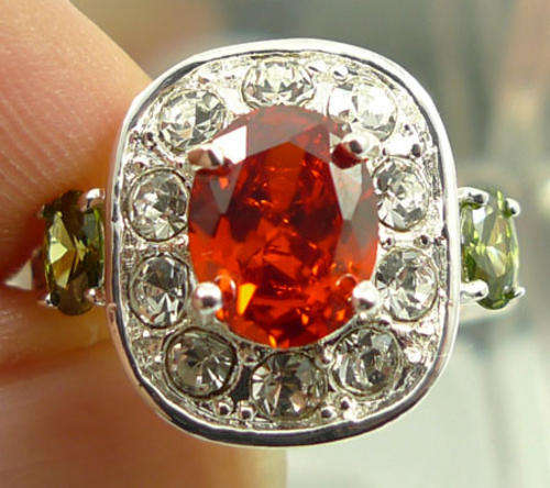 Charm Lady Garnet & Peridot Gems Jewelry Silver Ring Size7