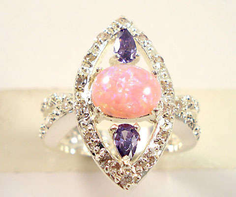 Sparkling Pink fire Opal & Amethyst Gemstones silver Ring Size 8