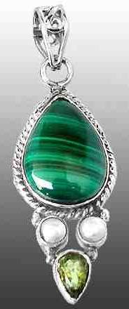 GREEN MALACHITE PEAR PERIDOT PEARL 925 STERLING SILVER PENDANT