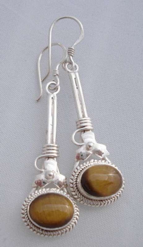 STUNNING TIGER EYE DANGLE EARRINGS SET IN SOLID STERLING SILVER.925