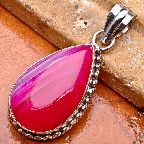 1 3/4" PINK BOTSWANA AGATE GEMSTONE PENDANT 925 SILVER