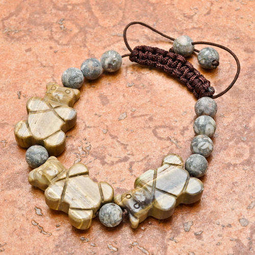 Adjustable fossil crinoid jasper gemstone bracelet  7 - 10 1/3`