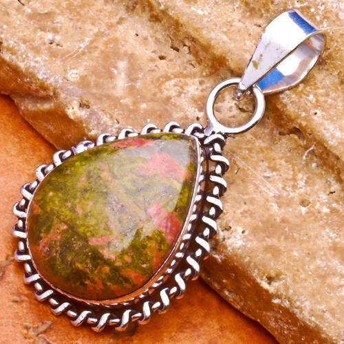 1 3/4" NATURAL UNAKITE GEM PENDANT 925 STERLING SILVER PLATED OVER SOLID COPPER