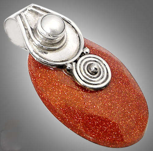 magical orange 26.01cts  goldstone oval pearl  925 sterling silver pendant