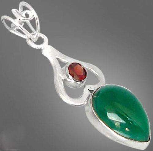 13cts green chalcedony pear garnet 925 sterling silver pendant 1 6/8`