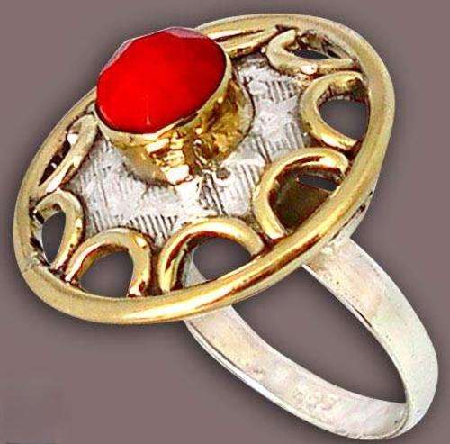 Victorian red coral round  925 sterling silver ring  size 7.5