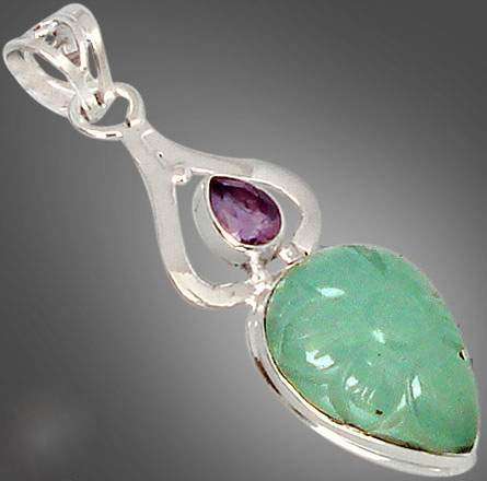 Carved aqua chalcedony flower amethyst 925 sterling silver pendant