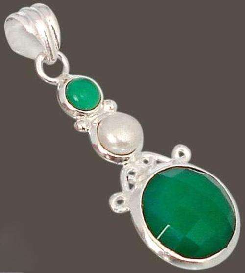 Green chalcedony white pearl round 925 sterling silver pendant