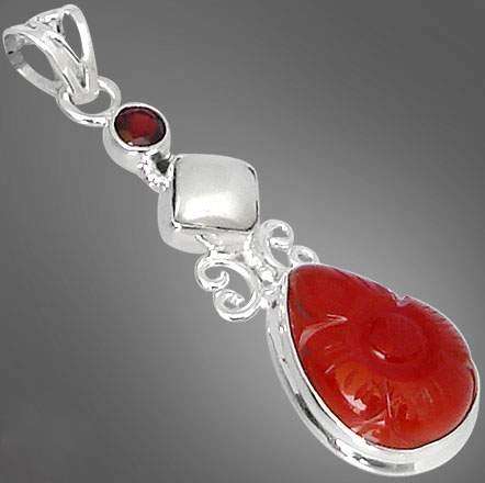 Carved honey onyx pear garnet pearl 925 sterling silver pendant