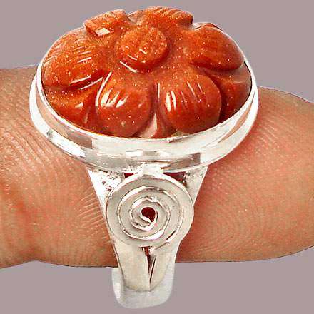 STUNNING CRAVED ORANGE GOLDSTONE OVAL 925 STERLING SILVER RING size 8.5