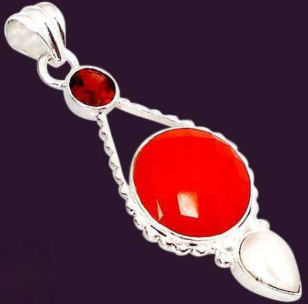 Orange onyx round garnet pearl 925 sterling silver pendant  2 1/8`