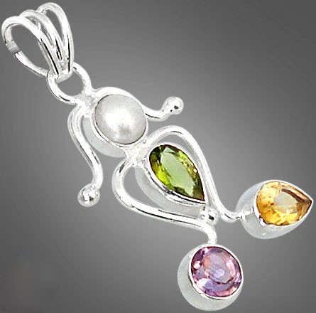 Prestigious yellow citrine peridot amethyst 925 sterling  silver pendant
