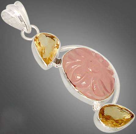 Carved pink rose quartz oval citrine 925 sterling silver pendant