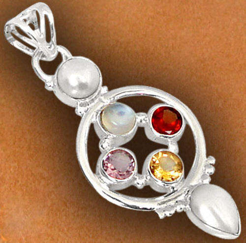 red garnet citrine moonstone pearl  925 sterling silver pendant 1 6/8`