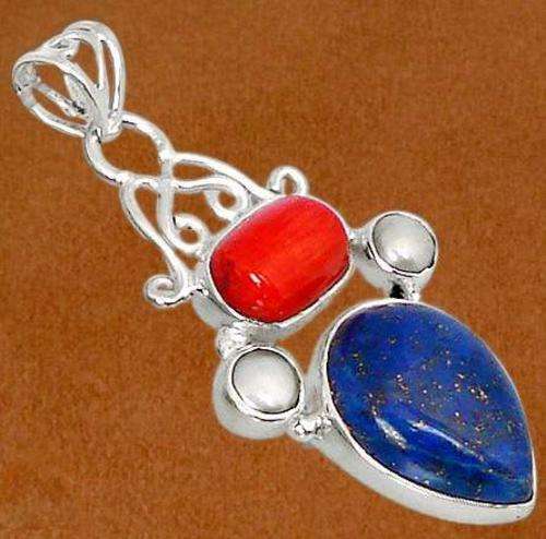 Blue lapis  lazuli  coral pearl  925 sterling silver pendant 1 6/8`