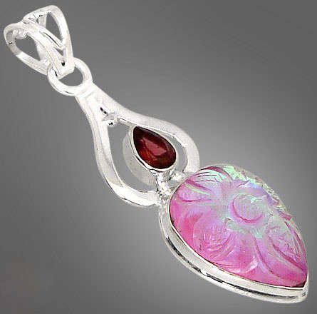 PINK BLING TOPAZ CARVED GARNET 925 STERLING SILVER PENDANT 2"