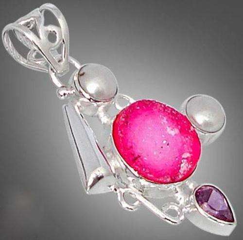 Pink druzy round kunzite pearl  925 sterling silver cluster pendant