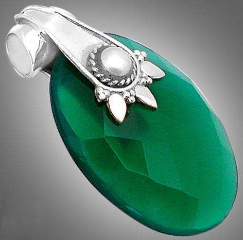 Green chalcedony pearl  925 sterling silver artisan pendant 1 3/8`