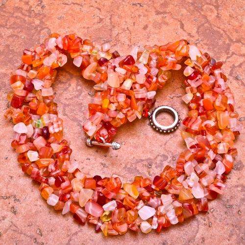 Natural carnelian gemstone   silver plated over copper clasp chip necklace